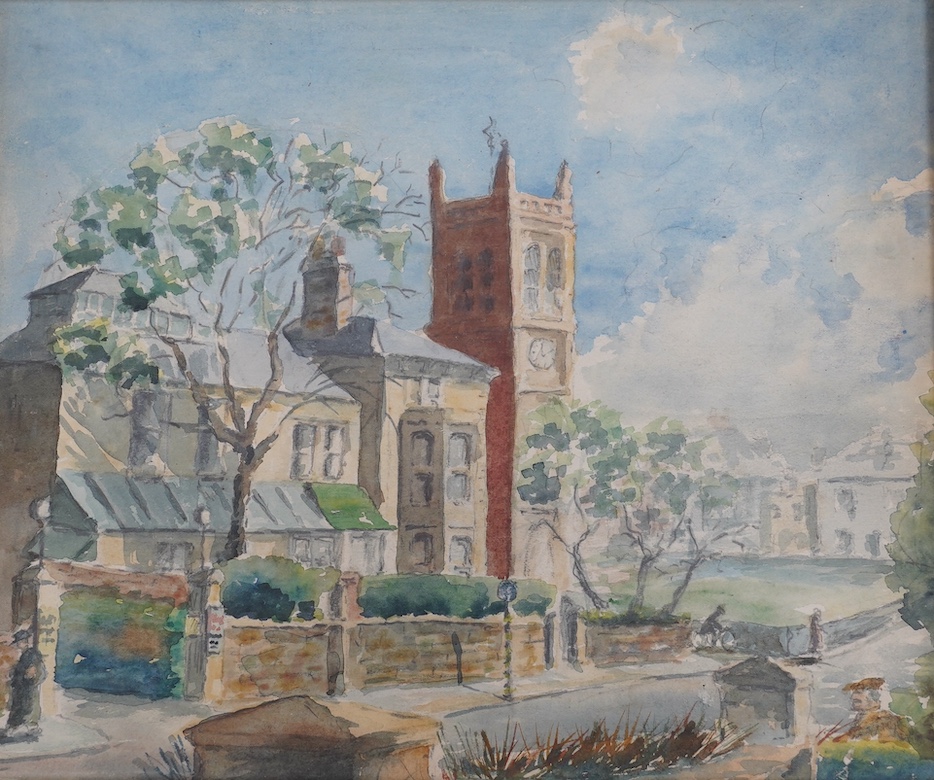 From the Studio of Fred Cuming. 20th century School, watercolour, Street scene with church, unsigned, 25 x 29cm. Condition - fair